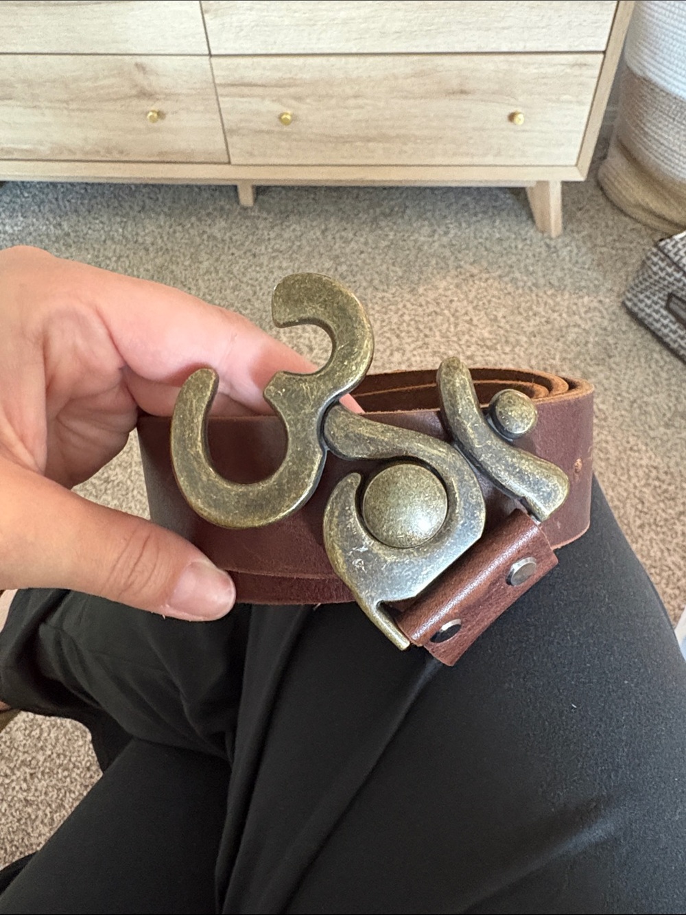 OM symbol-Brown Leather Belt with Antiqued Brass Statement Buckle